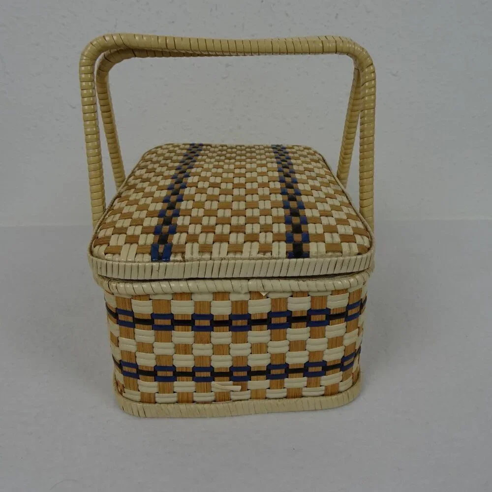 Vintage Wicker Woven Sewing Box Basket Beige Tan Ratan Lined